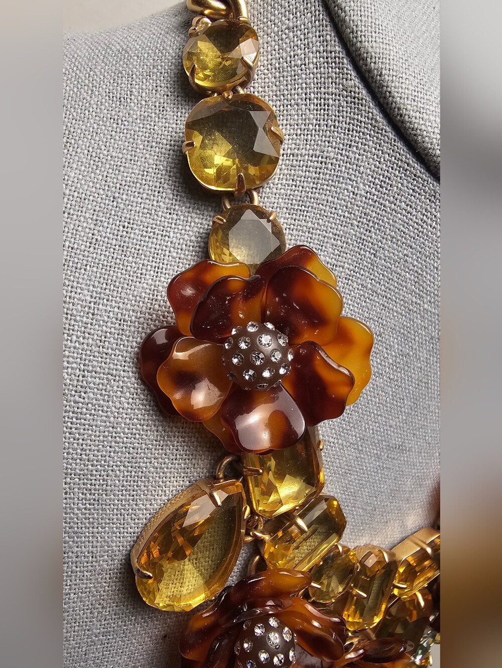 [J. Crew] Chunky Tortoise Flowers Yellow & Clear Faceted Crystal Bib Statement - Picture 3 of 16